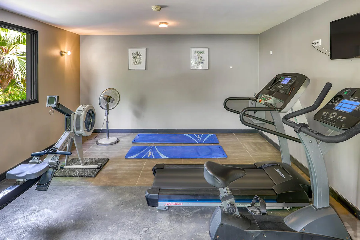 La salle de sport climatisée : tapis de course, vélo et rameur